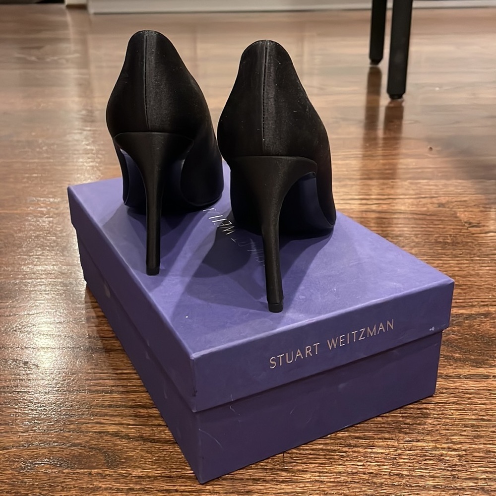 Stuart Weitzman Tipin Black Satin Pointed Toe Pump - image 6